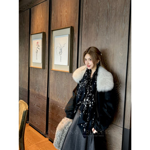 钱美西 狐狸毛大毛领90鹅绒麂皮皮衣羽绒服小个子防风工装外套女