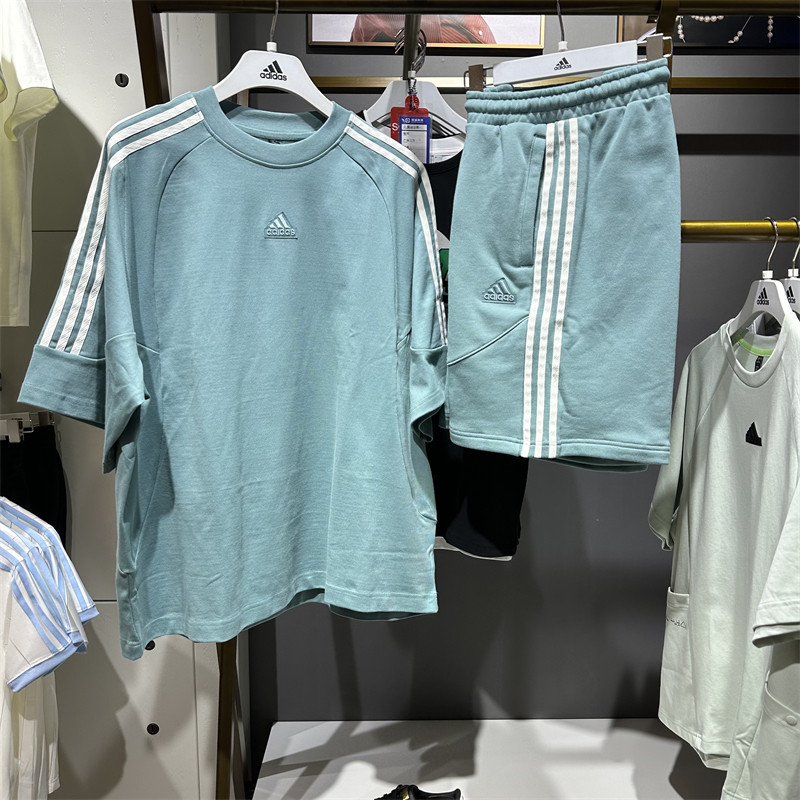 正品Adidas阿迪达斯男女装夏季新款针织透气短裤短袖T恤JI6645 - 实物图