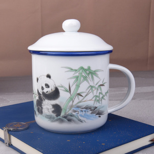陶瓷杯带盖仿搪瓷杯水杯怀旧蓝口马克杯复古陶瓷杯子大容量茶杯