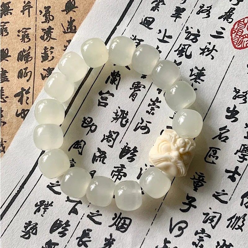 和田青玉手链老型珠手串象牙果醒狮桶珠手链吉祥如意盘串小清新女