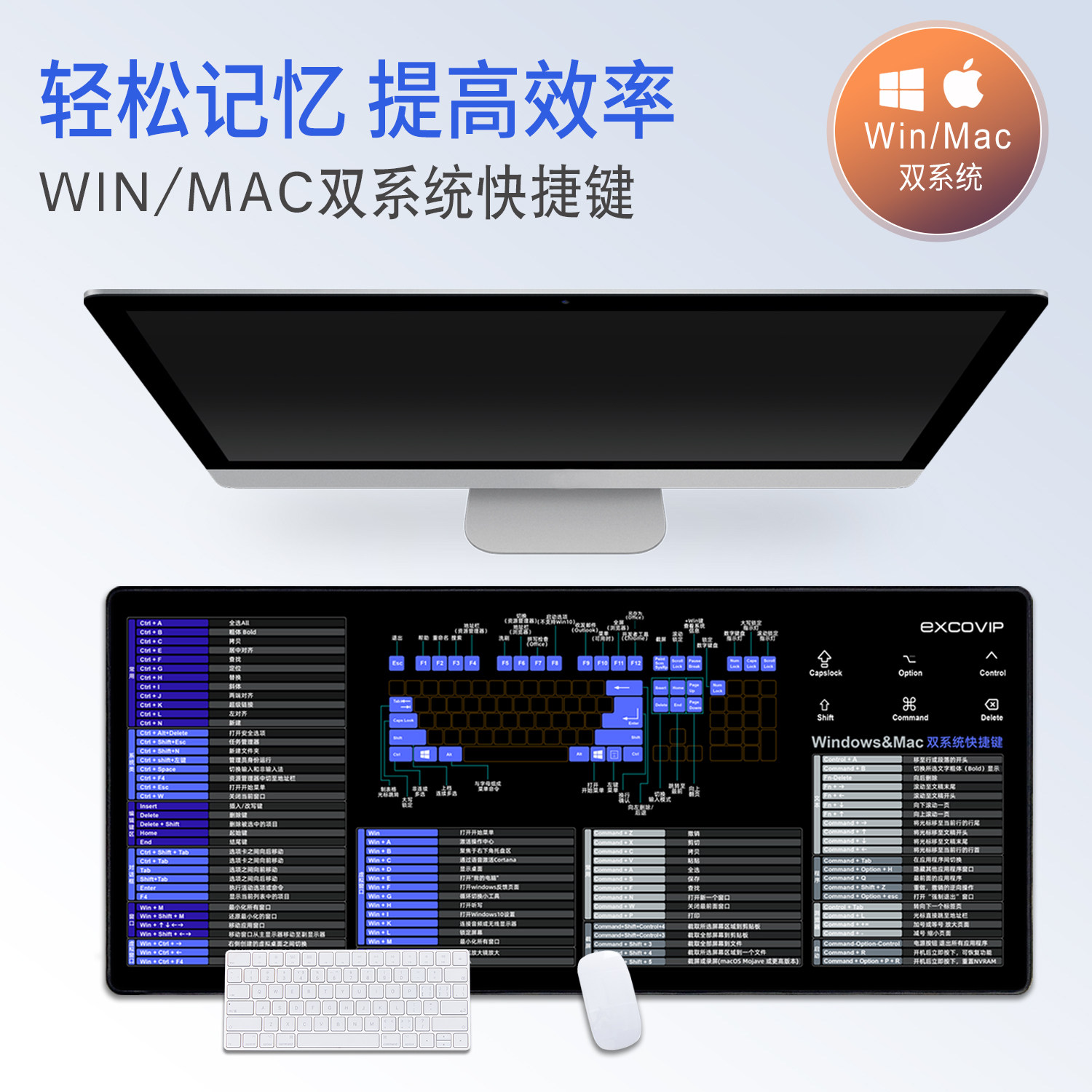 mac双系统win快捷键鼠标垫大号桌垫学习快捷方式专用垫