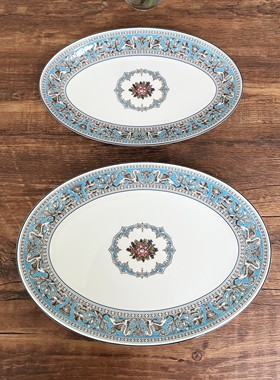 手绘英制 Wedgwood Florentine丝绸之路蓝色骨瓷欧式鱼盘长盘托盘