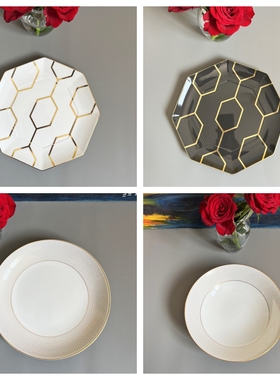 Wedgwood金色几何Gio Gold欧式白色骨瓷餐盘深盘碗餐具多款可选