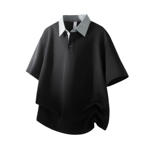 宽松短袖 夏季 复古拼接翻领上衣 男 ALLIN假两件格纹领polo衫