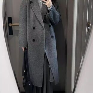 韩系赫本风灰色英伦风复古风大衣女中长款双排扣高级感老钱风外套
