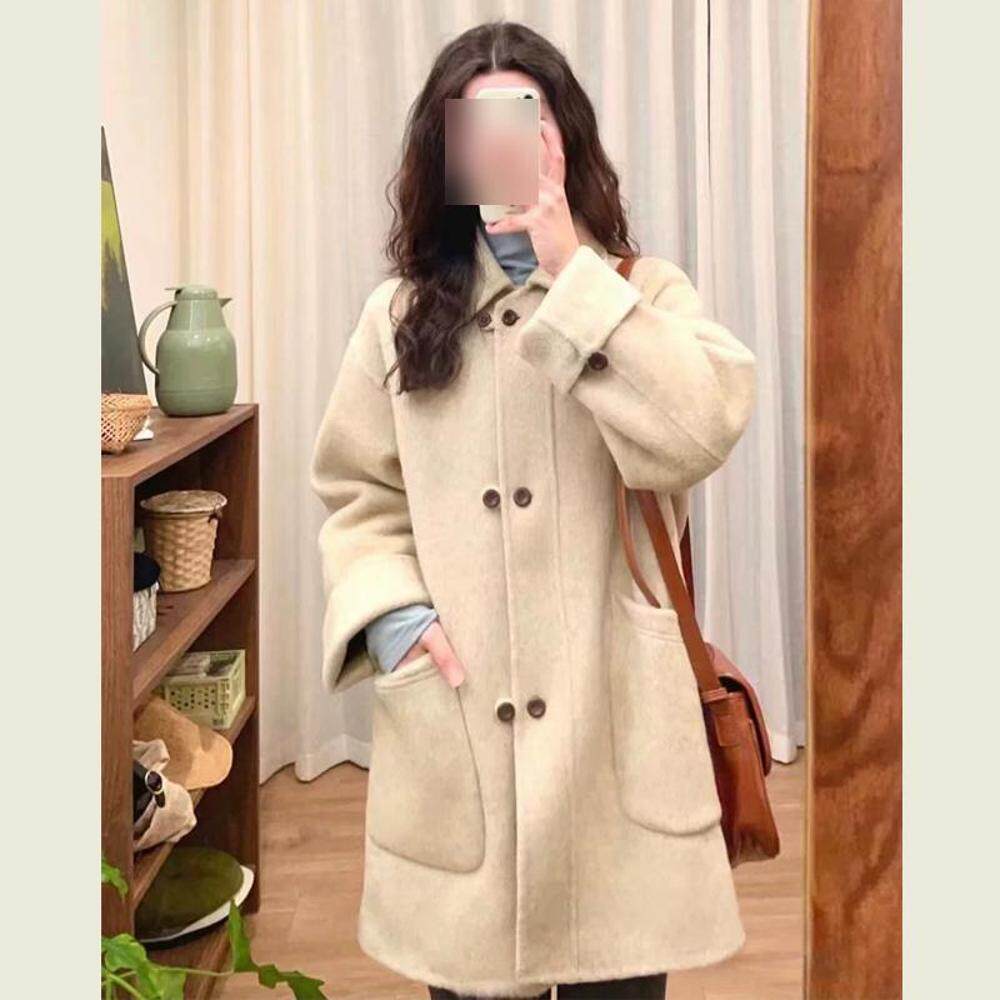 高级感杏色小翻领呢子大衣女秋冬季新款韩系小个子中长款毛呢外套