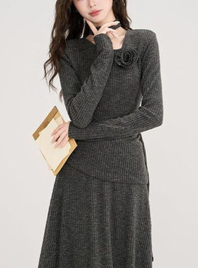 法式复古纯欲风灰色御姐连衣裙上衣套装子女香风新款气质高级长裙