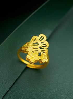凤尾18k黄金色活口女款花朵戒指女结婚首饰纯金色复古开口戒