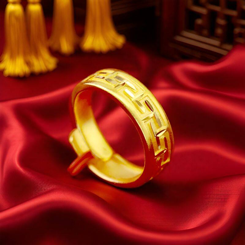 18K黄金色戒指长城纹男女款对戒活口流星雨情侣款开口可调节指环