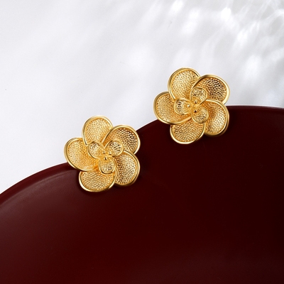 夸张大玫瑰花18K黄金色耳钉耳坠女款如意结花朵耳环高级感耳饰