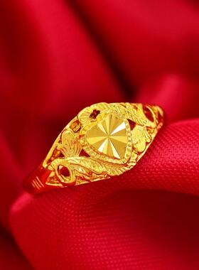 爱心黄金色18k戒指女款花朵时尚百搭指环开口可调节手饰复古时尚