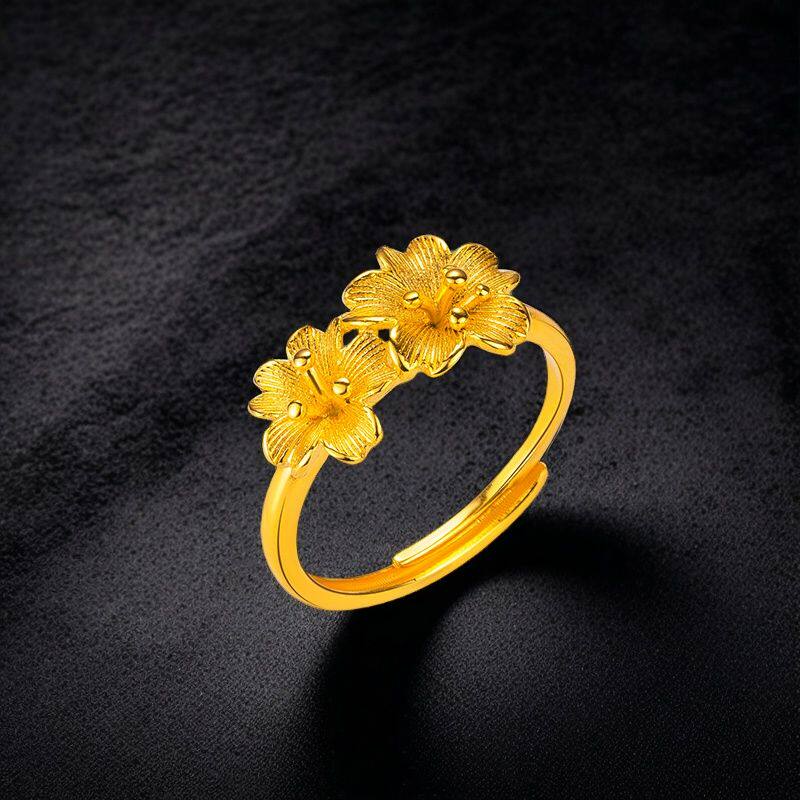 双花朵18k黄金色戒指女时尚开口可调节活口结婚首饰手饰饰品