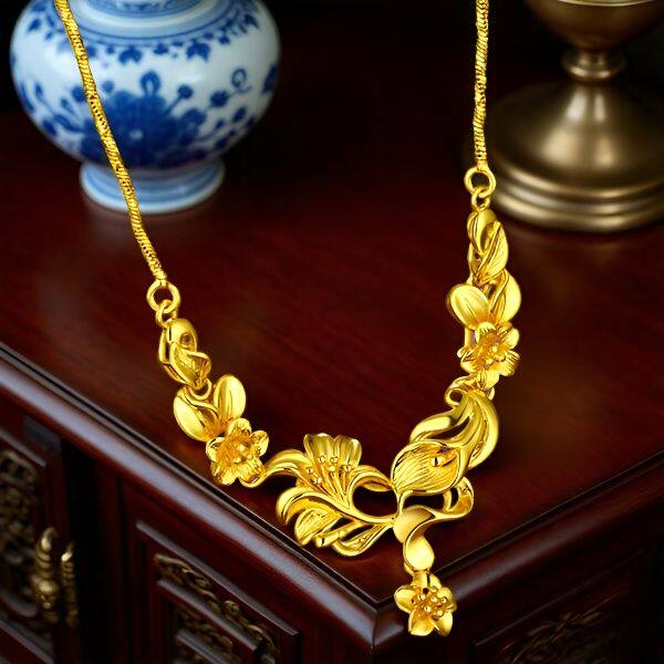 18k黄金色郁金香套链玫瑰花项链花朵型项坠礼物带坠复古款中式