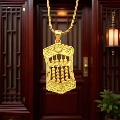 算盘吊坠18K黄金色项链