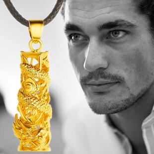 霸气缕空18k黄金色人龙柱项链男女吊坠子久不掉色百搭盘龙柱