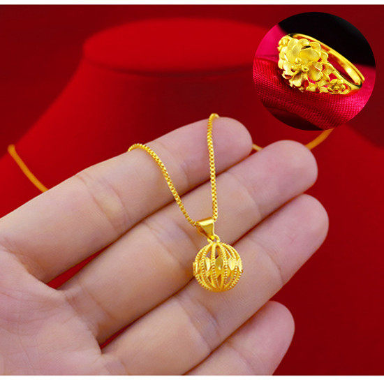 玲珑绣球18k黄金项链女 原创轻奢999足金镂空转运珠吊坠送戒指