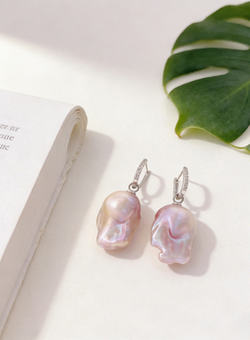 山下湖原产地巴洛克紫色真珍珠S925银经典百搭淑女耳坠耳钩耳饰