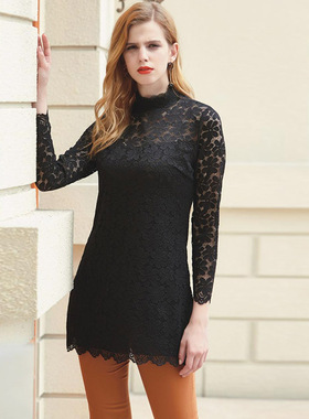 舒卡丝S 7303女式长款蕾丝打底衫花边中领镂空衣裙2024新款百搭