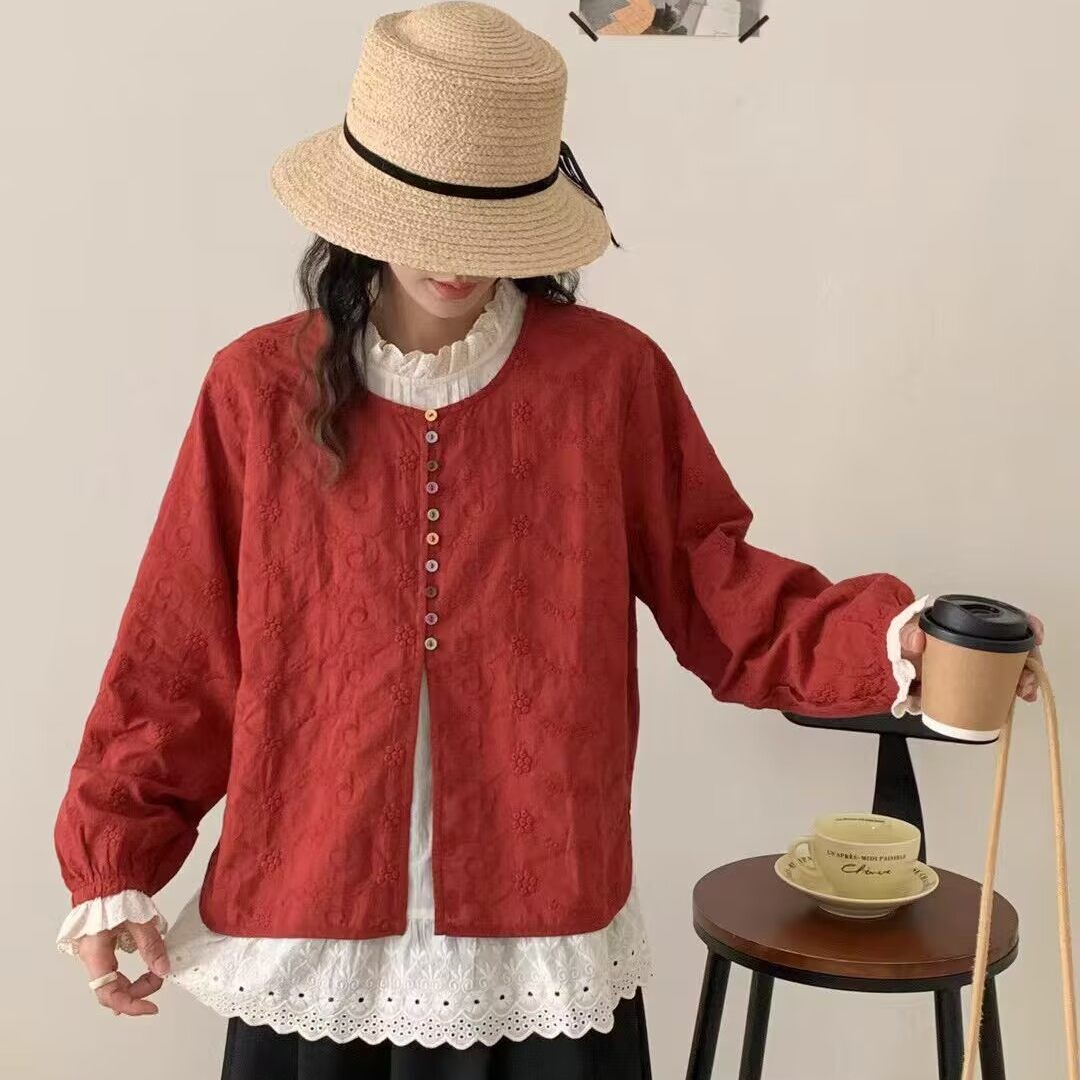 套头上衣刺绣纯色长袖衬衫宽松