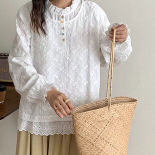 春装新款女装甜美小清新花边领假两件重工刺绣套头上衣长袖衬衫
