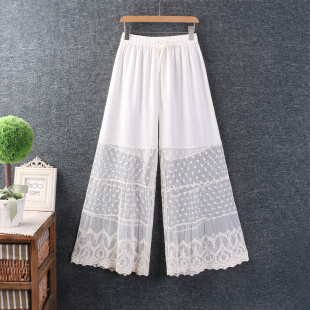 宽松打底九分裤 棉线刺绣蕾丝拼接叠穿阔腿裤 棉麻纯色衬裤
