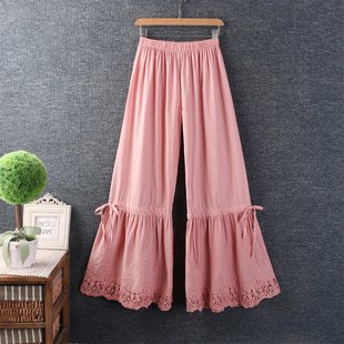 甜美小清新松紧腰水溶刺绣叠穿棉麻衬裤 打底薄棉 宽松阔腿长裤