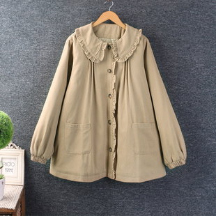 冬装新款女装日系小清新娃娃领棉麻纯色上衣长袖宽松夹棉外套棉袄