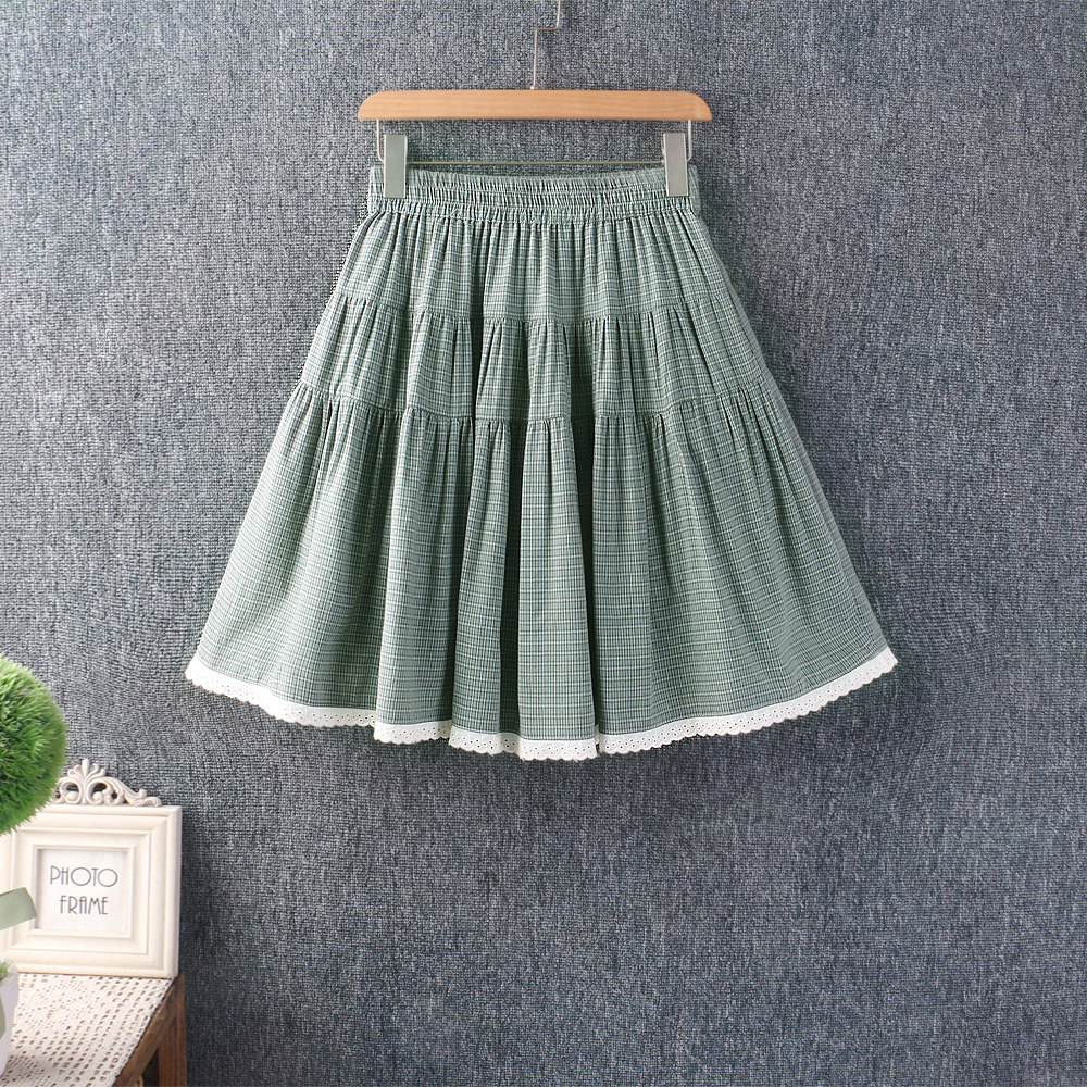 春夏新款女装日系甜美松紧腰棉麻格子短裙叠穿宽松大摆半身裙