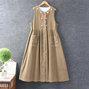 秋装新款女装甜美小清新圆领刺绣灯芯绒棉布背心裙宽松连衣裙