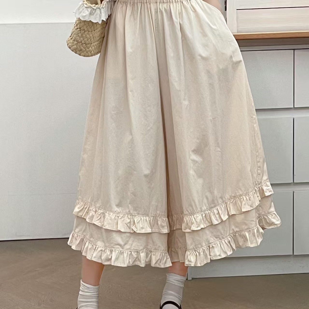 棉麻宽松裙裤叠穿九分阔腿裤