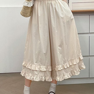 叠穿九分阔腿裤 日系小清新木耳花边棉麻宽松裙裤 女装 春夏新款