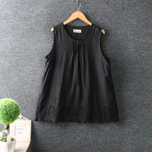 文艺甜美镂空刺绣圆领无袖 女装 上衣棉麻宽松背心内搭 新款 夏装