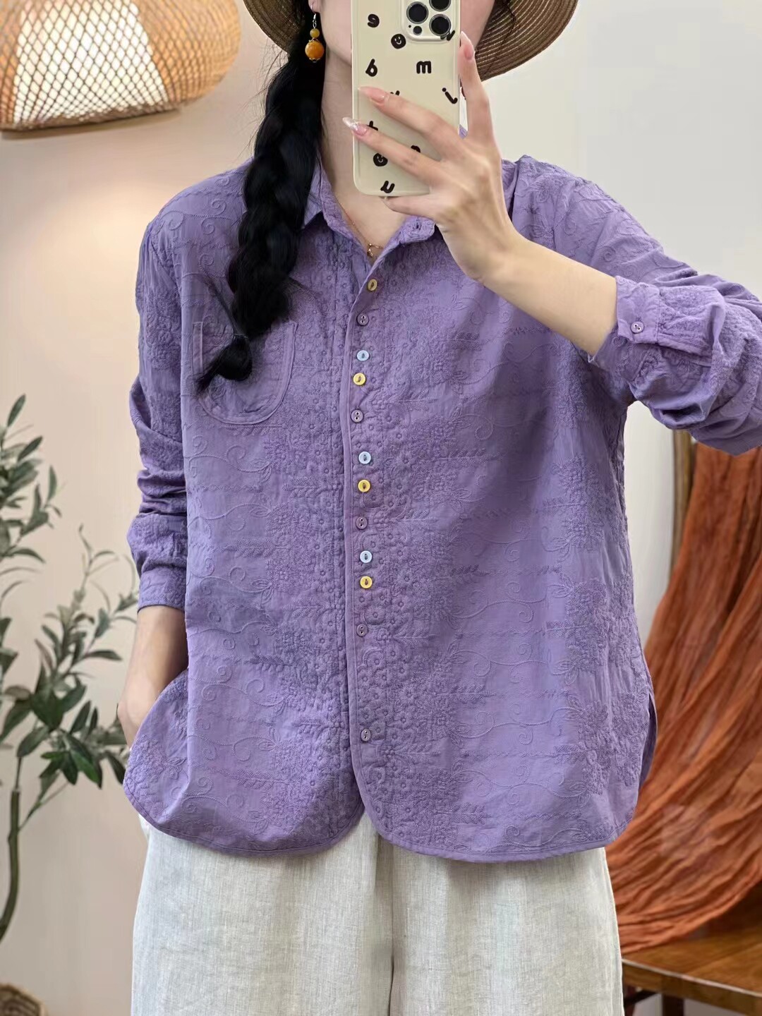 棉麻上衣翻领新款甜美宽松彩扣