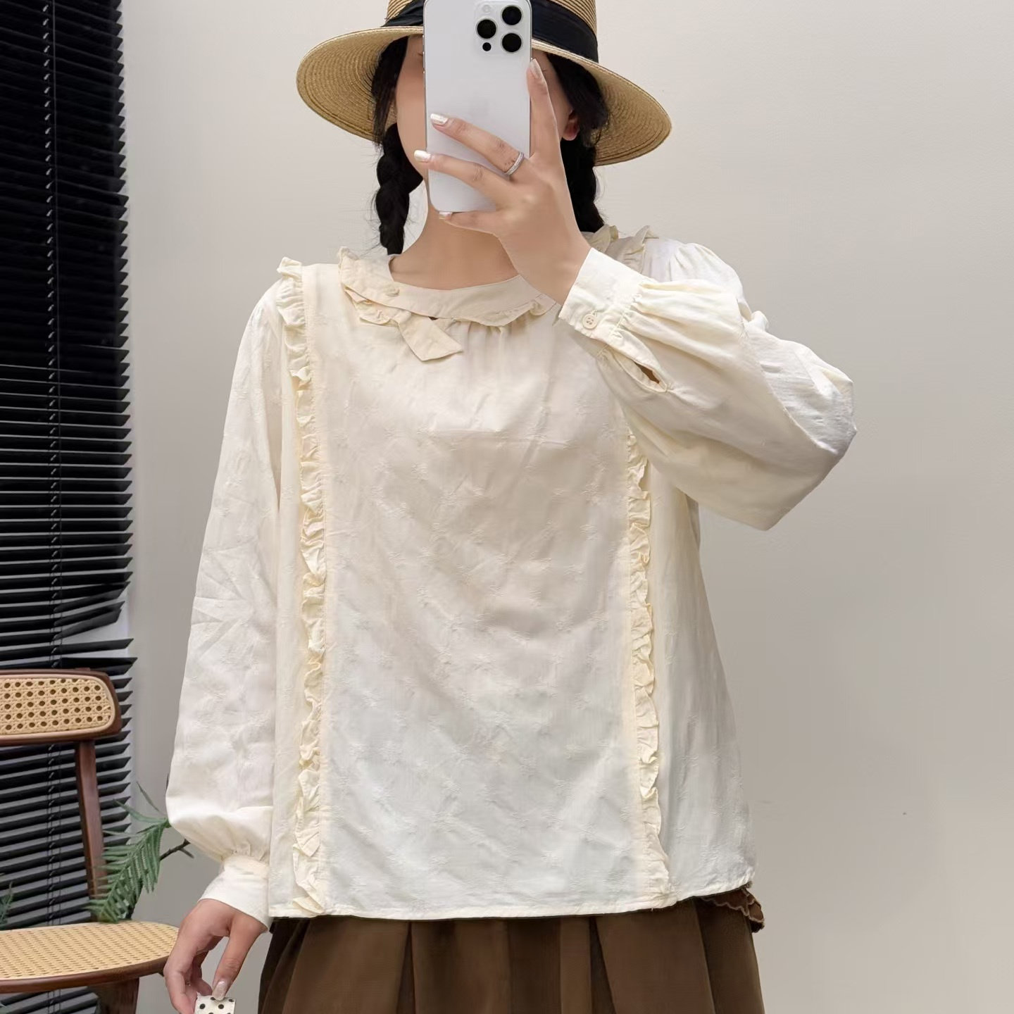 棉麻长袖上衣木耳花边宽松衬衫