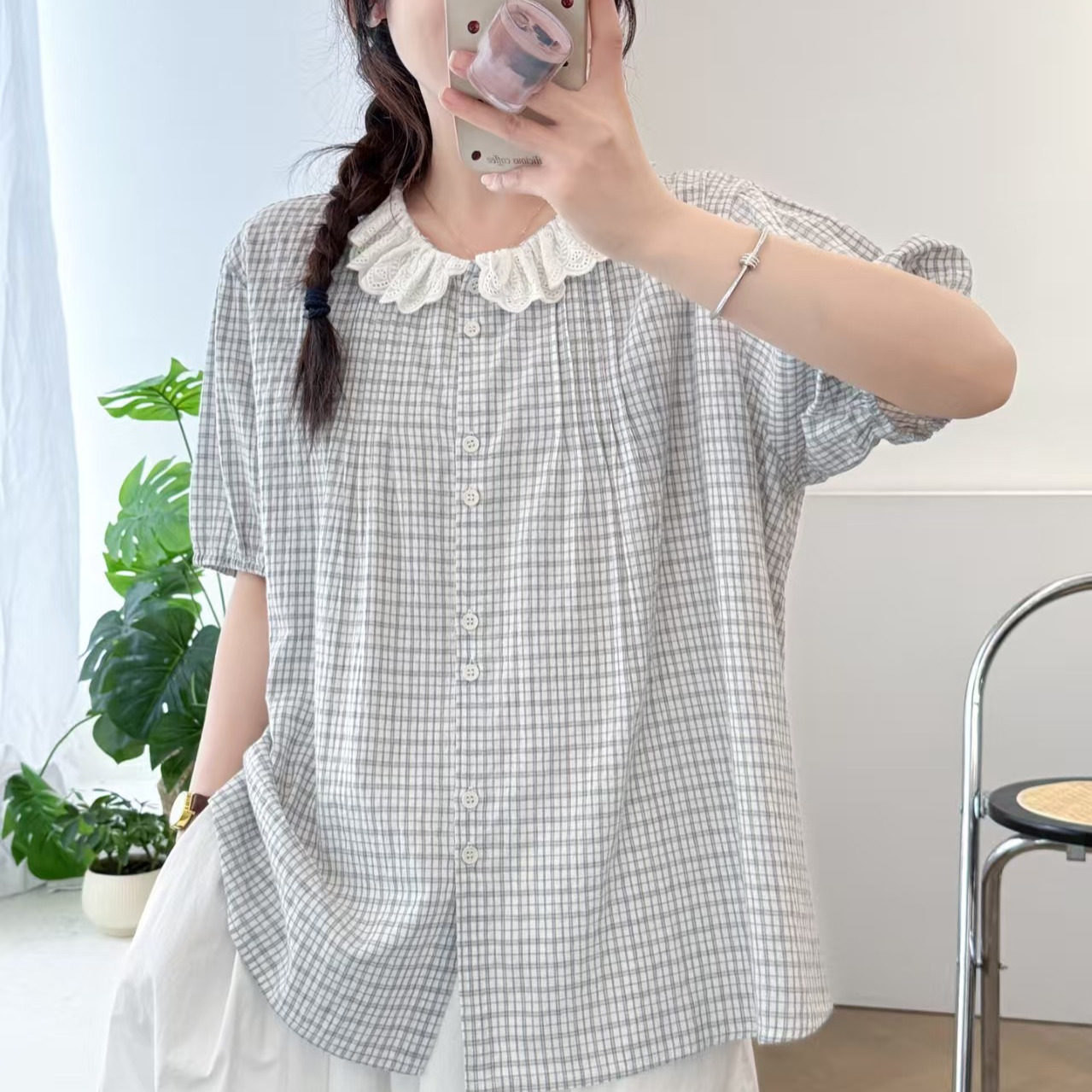 棉麻格子上衣短袖宽松衬衫