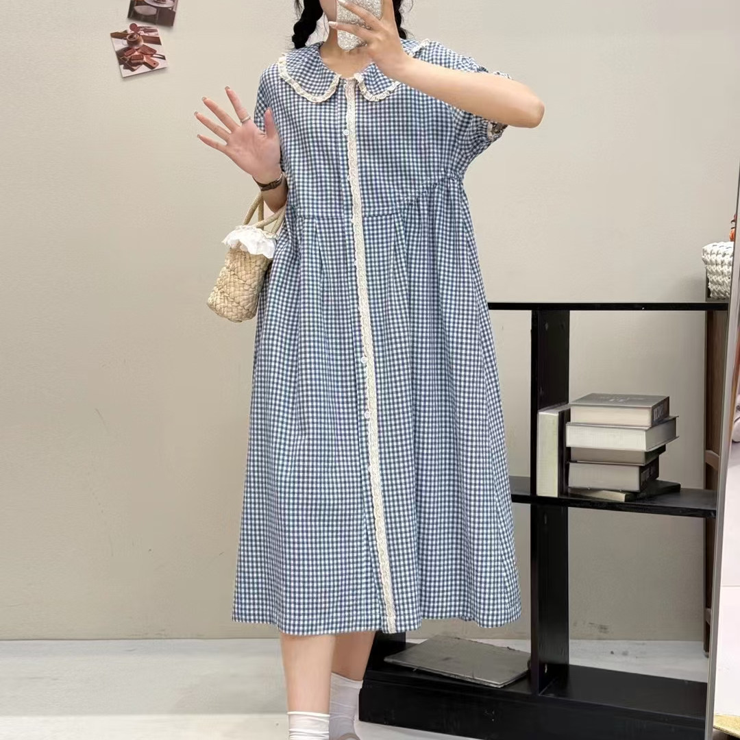 春装新款女装日系甜美娃娃领格子棉麻短袖连衣裙宽松大摆裙