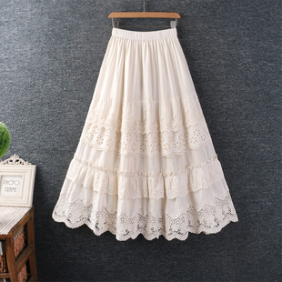 春夏新款女装文艺甜美松紧腰层层刺绣花边拼接棉麻长裙叠穿半身裙