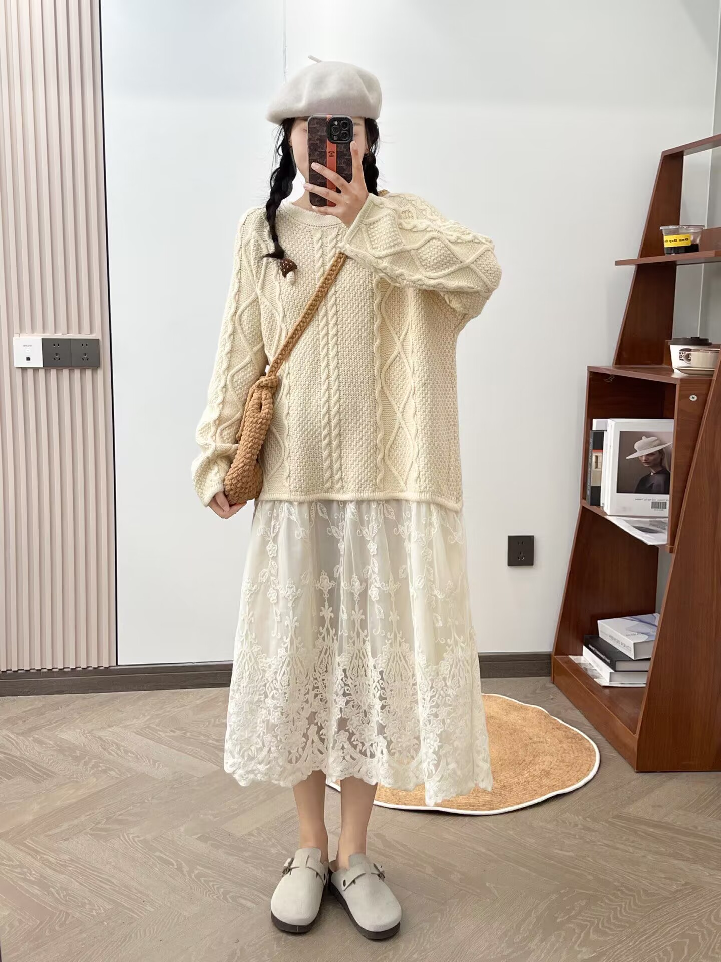 日系长裙毛线纯色拼接连衣裙