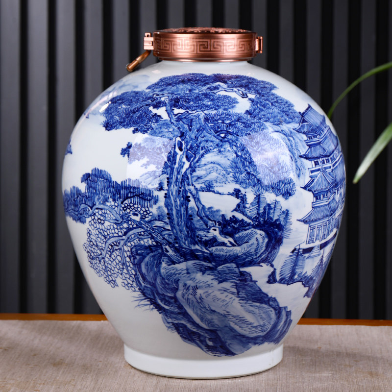 景德镇陶瓷酒瓶 五十斤装手绘青花江山多娇密封空酒坛 50斤装酒罐
