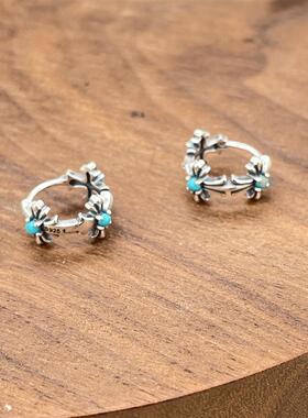 925银耳饰 E325镶嵌十字花圆环耳扣做旧复古简约耳环