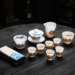 千里江山茶壶盖碗整套礼品高档 冰种羊脂玉堆金功夫茶具套装