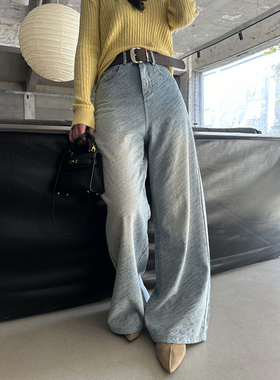 小阿秋梨型身材裤子高腰提花烫钻设计感阔腿牛仔裤女宽松显瘦长裤