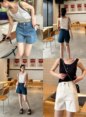 阿秋 白色四面弹牛仔短裤女2026春季高腰垂感休闲直筒四分裤子