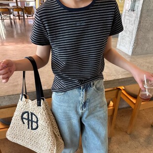 阿秋 字母刺绣条纹正肩短袖T恤女2026春夏小个子短款圆领纯棉上衣