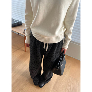 小阿秋豹纹休闲裤女加绒宽松慵懒阔腿裤高腰显瘦垂感设计感裤子冬