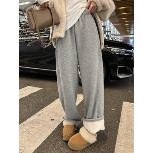 阿秋 两穿加绒休闲灰色卫裤女2025冬宽松百搭通勤松弛感运动长裤