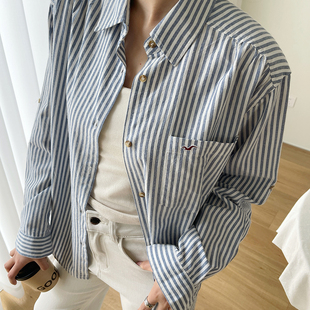 休闲纯棉海鸥刺绣口袋长袖衬衫女2026春季韩版复古竖条纹宽松衬衣