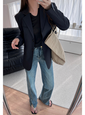 裤脚开叉洋气水洗蓝色拖地牛仔裤女秋季韩版高腰显瘦宽松直筒裤子