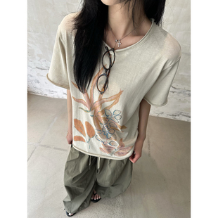 小阿秋热带棕榈叶休闲印花卷边短袖T女宽松慵懒松弛感舒适上衣夏