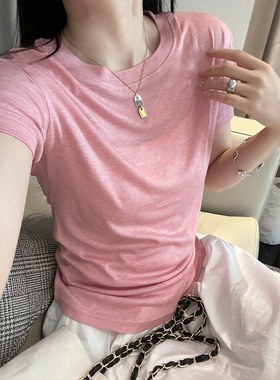 阿秋 定制莱赛尔蚕丝短袖女2026夏弹力遮肉显瘦轻薄款纯色T恤上衣